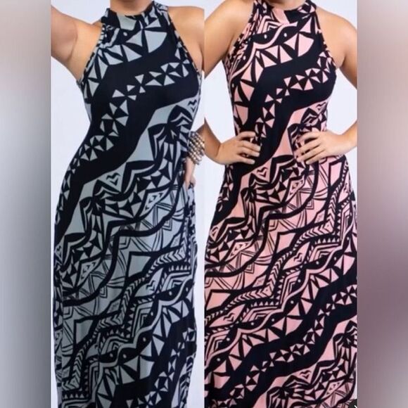 Missing Polynesia Hawaiian Aloha Tribal Halter Mock Neck Casual Midi Dress S/M - Picture 2 of 7